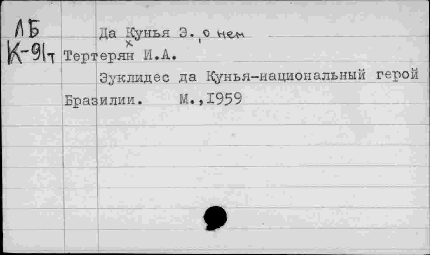 ﻿ЛБ К-9Н		Да Кунья 3. о нелл х	* Тертерян И.А.
	Эуклидес да Кунья-национальный герой
	Бразилии.	М.,1959
	
	
	
	
	
	
	